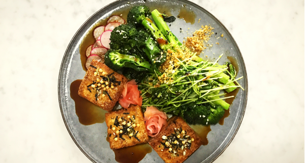 Braised Teriyaki Tofu with Steamed Broccolini and Sprouts