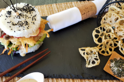 Trio of Mushroom Sushi Burger with Lotus Chips Nori Salt