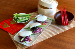 Grilled Miso Salmon and Japanese Coleslaw in Steamed Bao