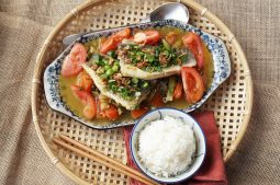Braised Barramundi with Tomatoes and Pickled Mustard Greens