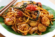 Medan Spicy Stir Fried Noodles with Shrimp Paste and Water Spinach