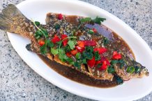 Thai Style Deep Fried Whole Fish with Garlic and Pepper Sauce