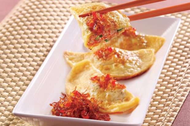 Pan Fried Egg Dumplings with XO Sauce