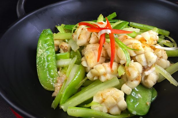 Stir-fried Squid, Snow Peas and Chinese Celery
