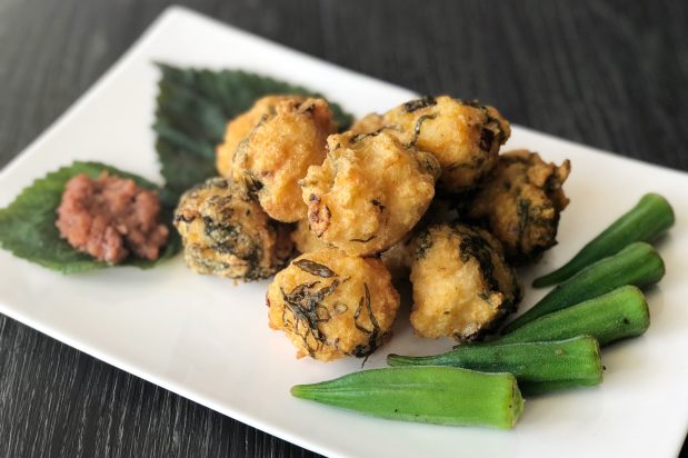 Japanese Prawn Fritters with Shiso and Salted Plum (Prawn Shinjo-Age)