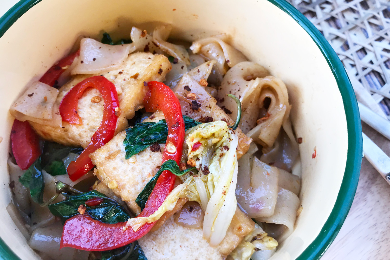 Thai Vegetarian Stir Fried Flat Rice Noodles with Basil (Pad Kee Mow