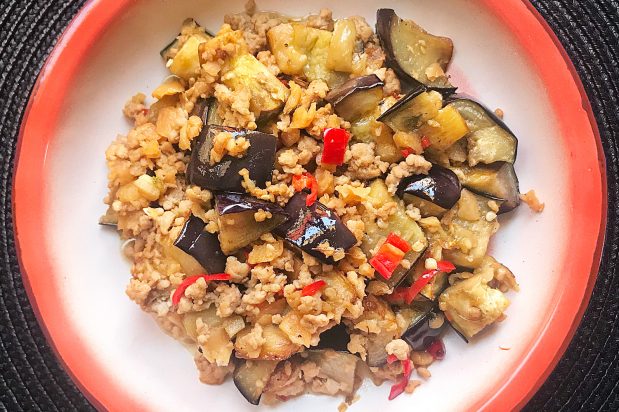 Chinese Stir Fried Eggplant with Minced Meat and Preserved Radish