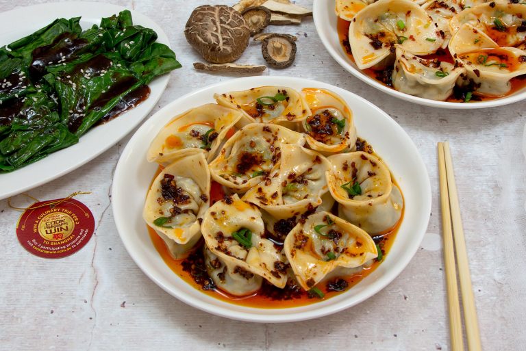 Mushroom Chilli Dumplings with Chinese Broccoli (Lai Jiao