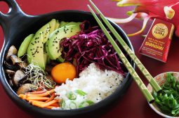 Vegetable Donburi with Soy-Cured Egg & Pickled Red Cabbage