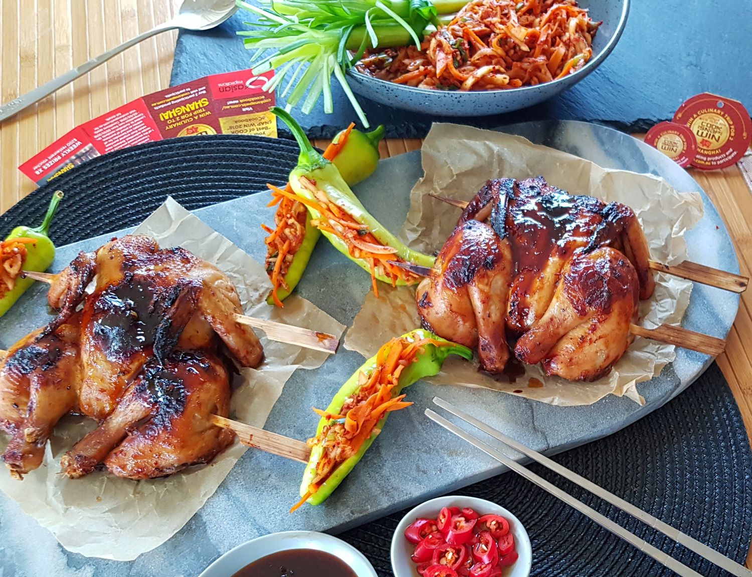 Spicy Korean BBQ Spatchcock with Kimchi Stuffed Peppers Asian