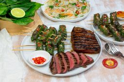 Vietnamese BBQ Lemongrass Beef & Betel Leaf Rolls with Vermicelli Salad