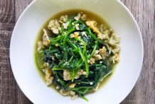 Spinach Soup with Fried Anchovies and Salted Eggs