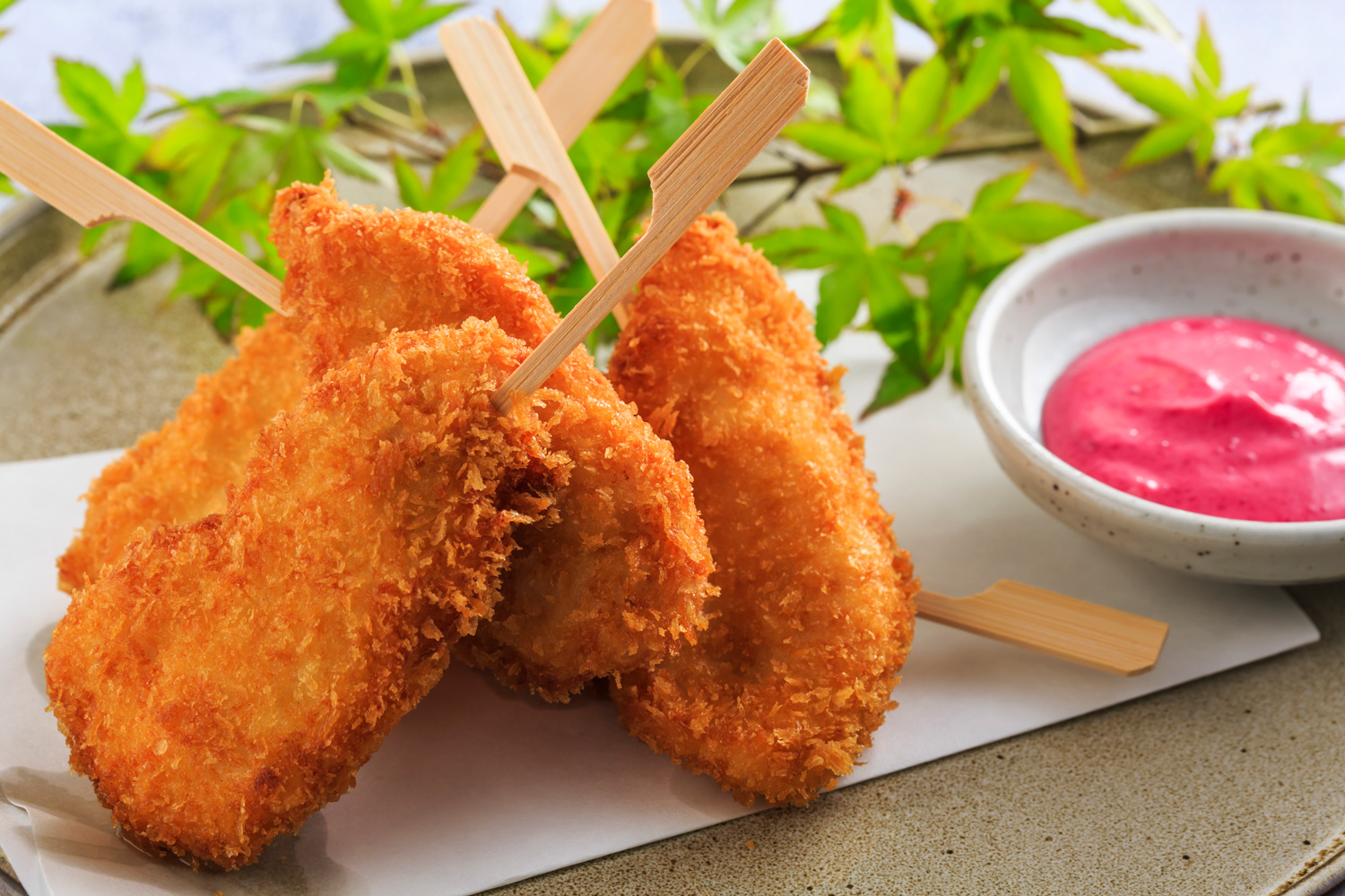 Crumbed Chicken Tenderloin Skewer with Beetroot Mayonnaise Asian