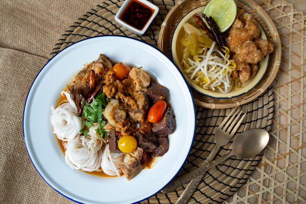 Northern Thai Rice Noodles with Spicy Pork Sauce (Khanom Jeen Nam Ngiaw)