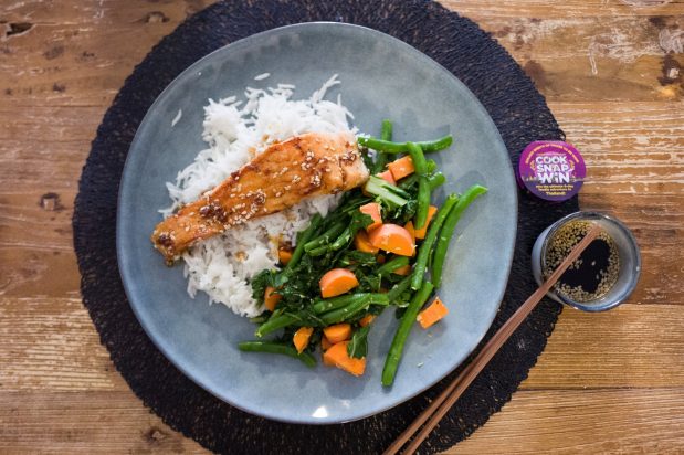 Honey-Soy Salmon with Rich Coconut Rice & Ginger Veggies