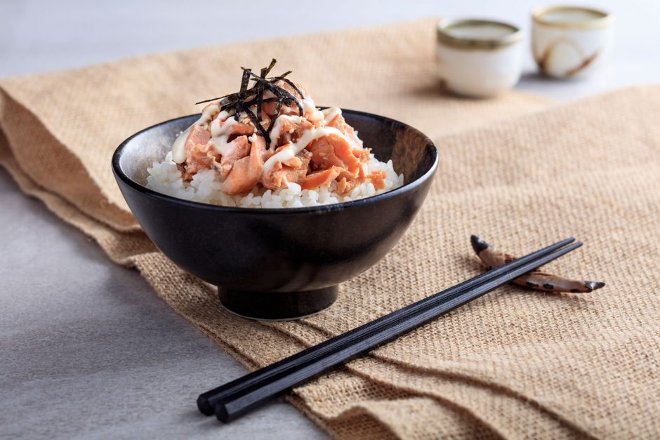 Yuzu Mayonnaise Salted Salmon Flake served on Steam Rice Asian