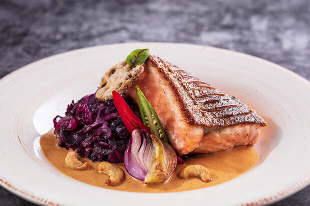 Pan Seared Salmon with Massaman Curry and Sauteed Purple Cabbage