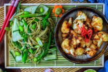 Crispy Red Miso, Ginger and Sesame Cauliflower Bites with Chilled Green Tea Soba Salad
