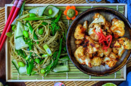Crispy Red Miso, Ginger and Sesame Cauliflower Bites with Chilled Green Tea Soba Salad