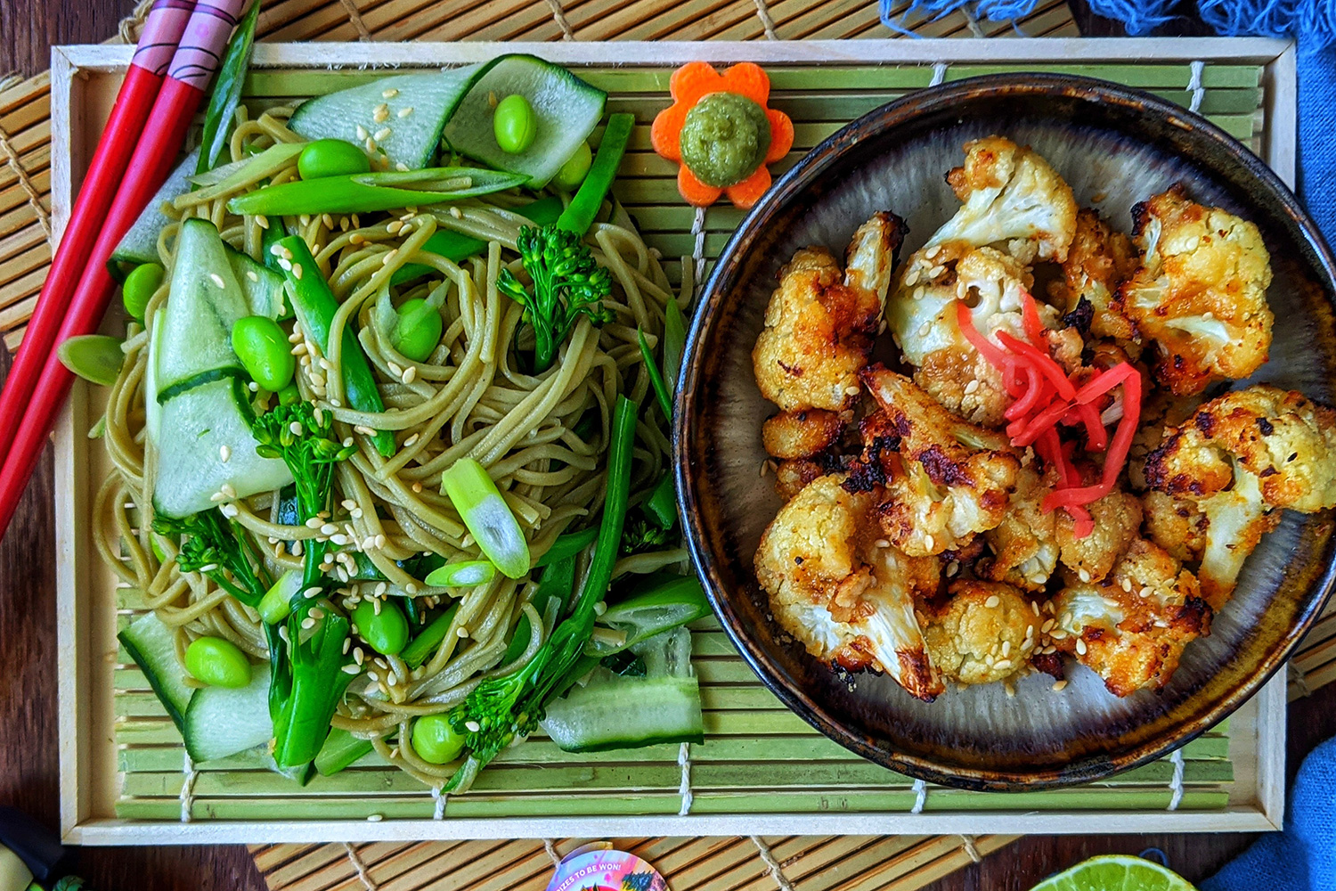 Crispy Red Miso, Ginger and Sesame Cauliflower Bites with Chilled Green Tea Soba Salad | Asian Inspi