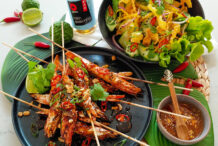 Grilled Spicy Prawn Satay Skewers with Hot & Sour Cucumber and Crispy Wonton Salad
