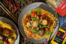 Spicy Kung Pao Mushroom Scallops and Tofu Chicken Bites in Crispy Noodle Bowls