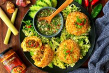 Coconut-crusted Thai Red Curry Pork Rice Balls with Nam Jim Dipping Sauce