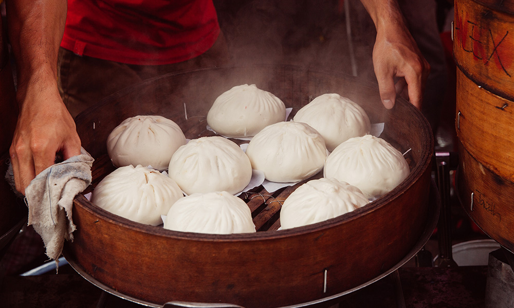 Freshly steamed bao buns