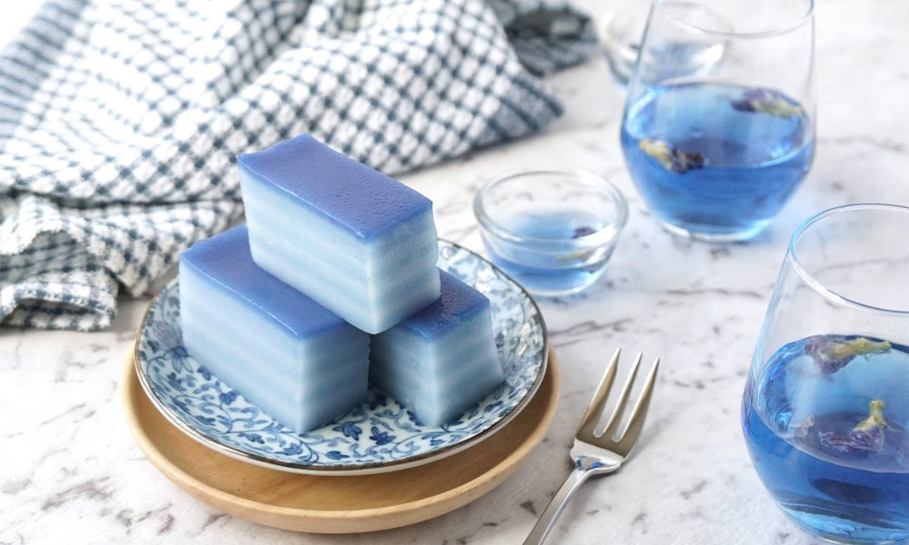 Blue butterfly pea kuih lapis on a plate