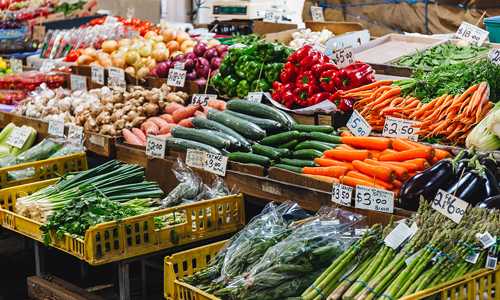 Grocery store with fruits and veggies displayed