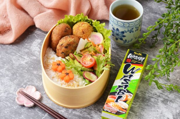 Japanese Fried Tofu Patties and Wasabi Croquette Bento Box