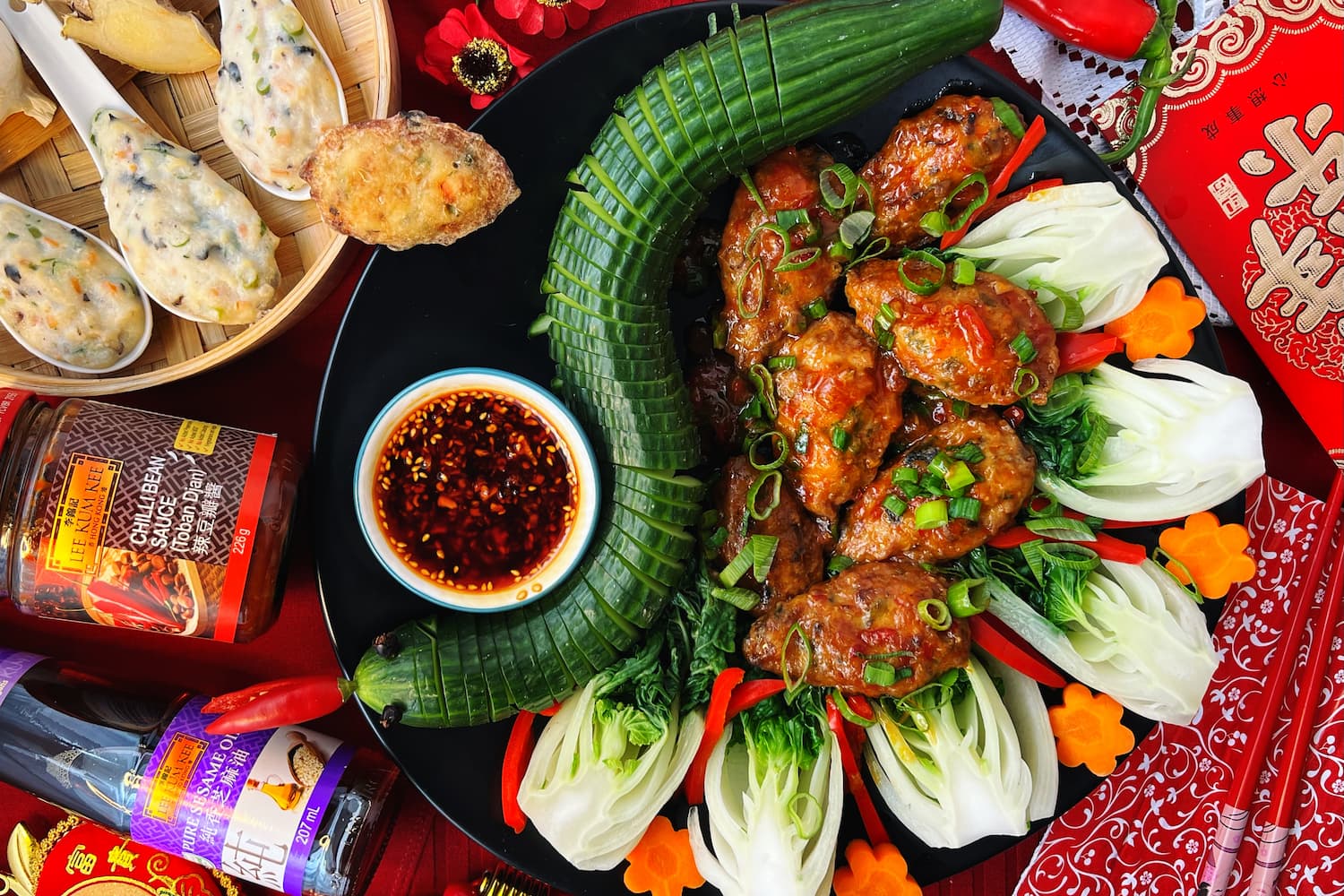 Tofu Fritters in Spicy Sichuan Sauce with Chilli Cucumber Salad (Spicy Snake Bites and Slinky Spicy 