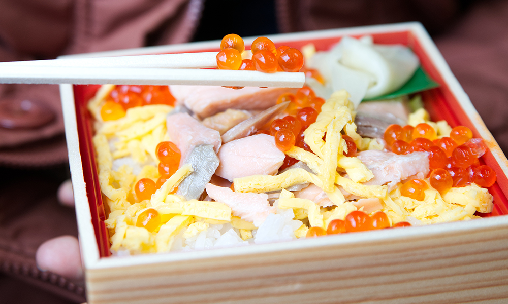 Seafood bento box with seafood and fish roe