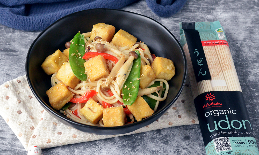 Stir Fried Miso Udon with Crispy Tofu Veggies