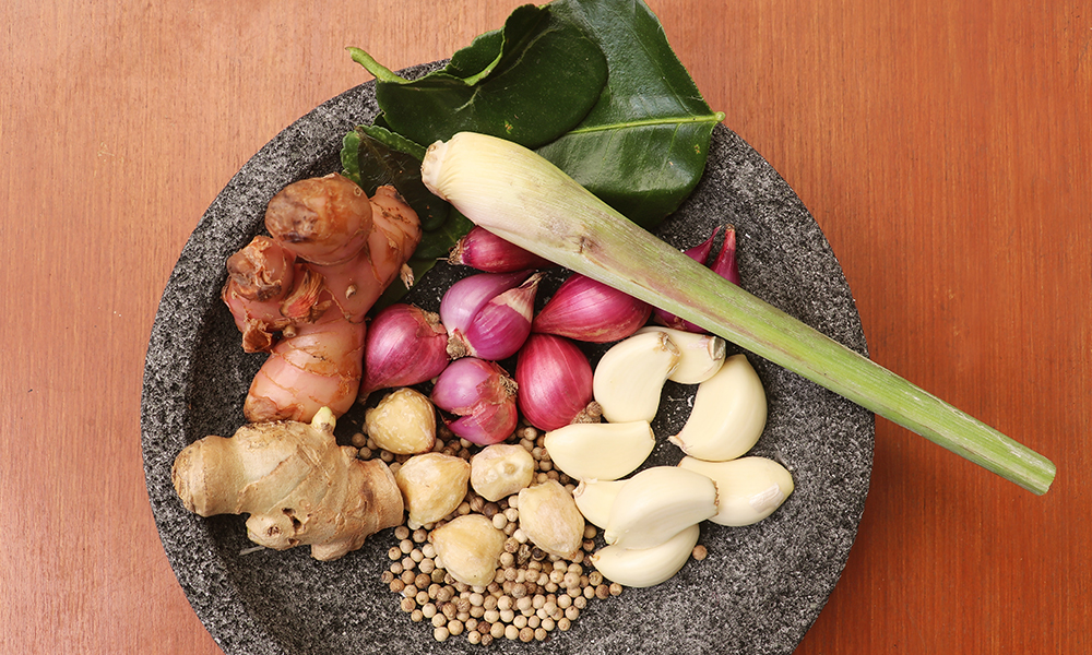 Platter with various herbs and ginger