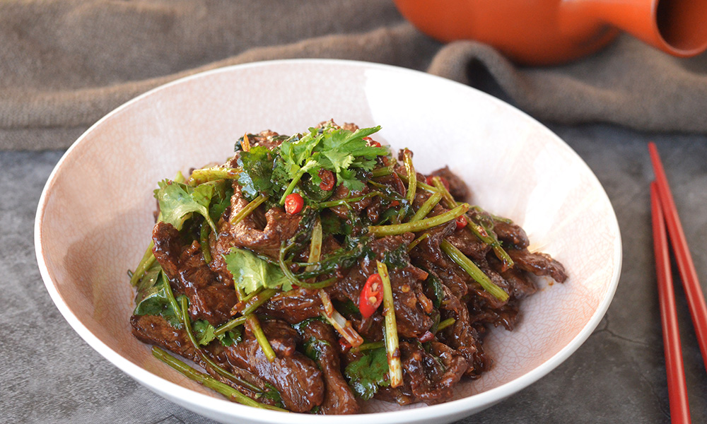 xiang cuisine coriander beef stir fry