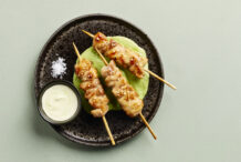 Chicken Yakitori with Green Pea, Edamame and Wasabi Cream